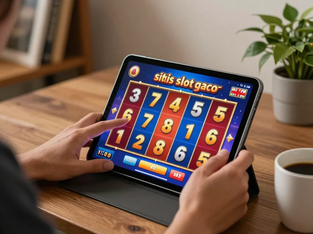 Sparking excitement on situs slot gacor as a player engages with colorful slot reels on a tablet in a cozy home.