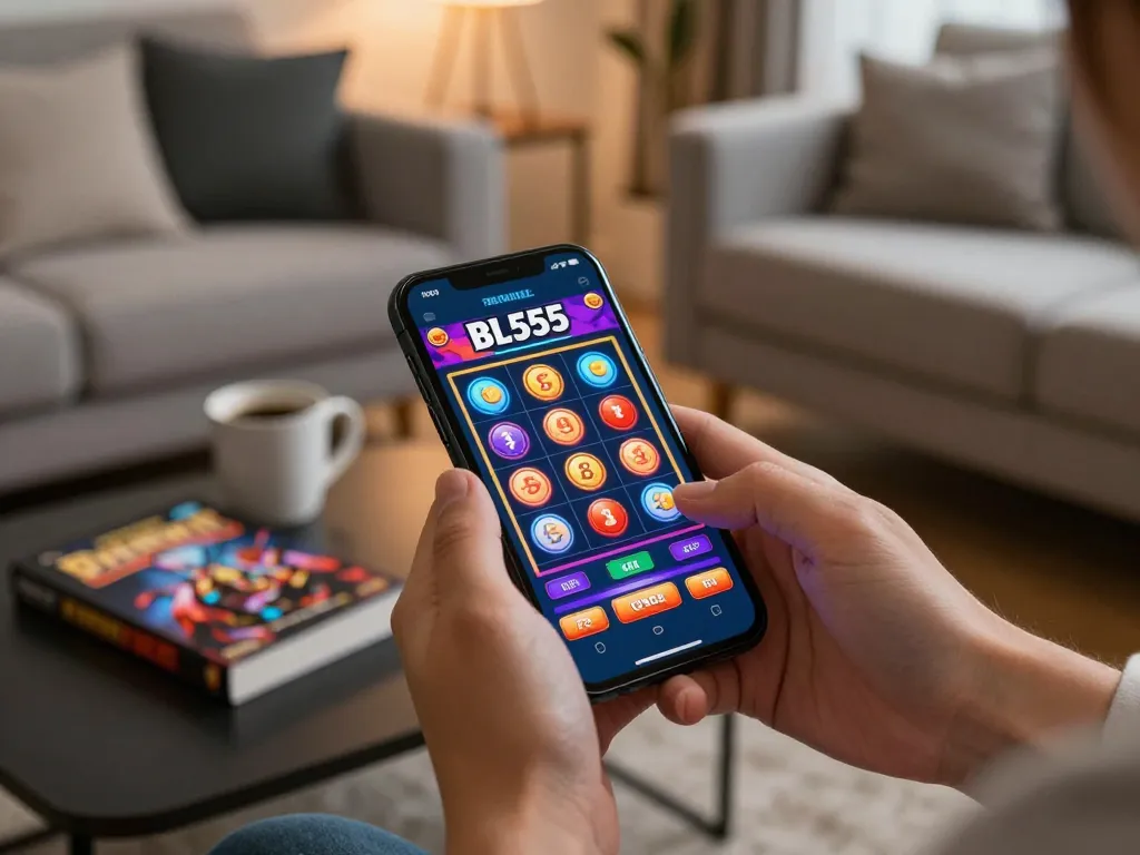 Engaging scene of mobile gambling on the BL555 app in a cozy living room, showcasing strategy and relaxation in gaming.