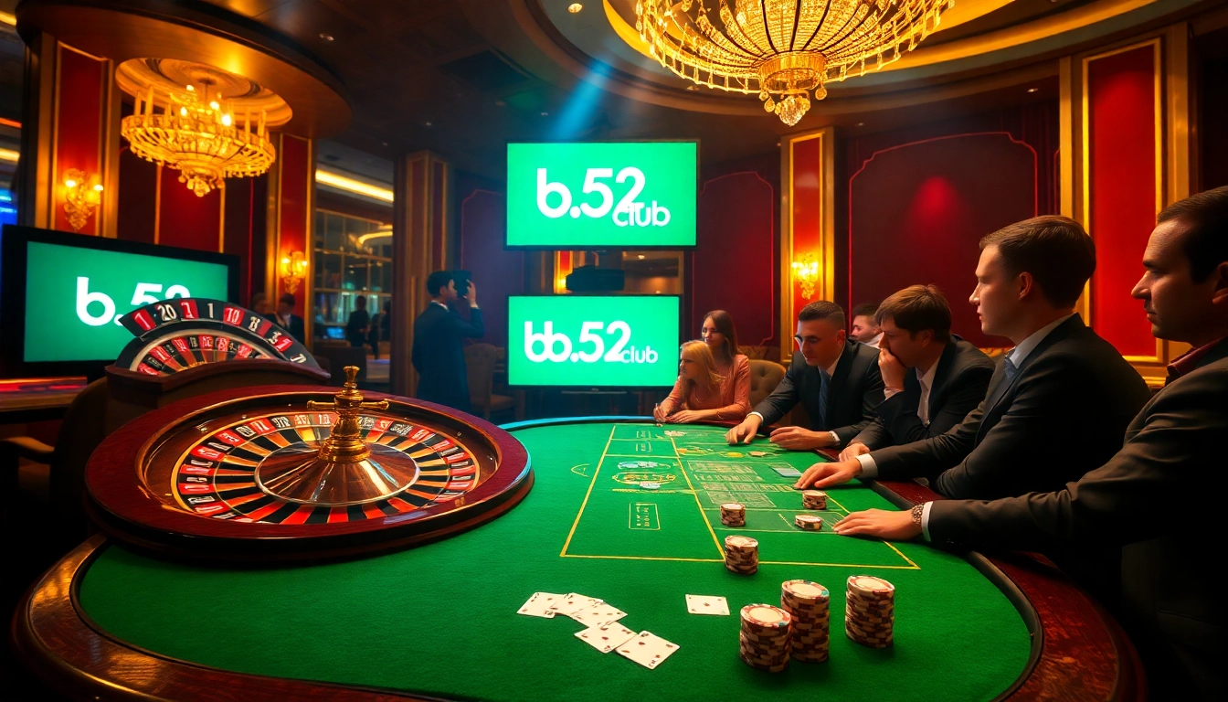 Players enjoying high-stakes games at b52club casino, featuring roulette and poker tables.