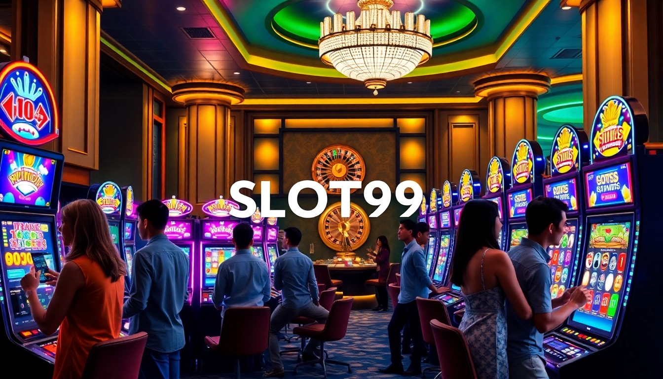 SLOT99 players engaging with vibrant slot machines in a luxurious casino setting