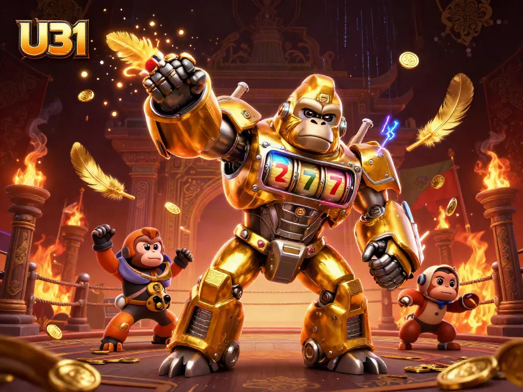 Experience U31's golden gorilla mech amidst a dynamic gambling scene with vibrant casino elements.