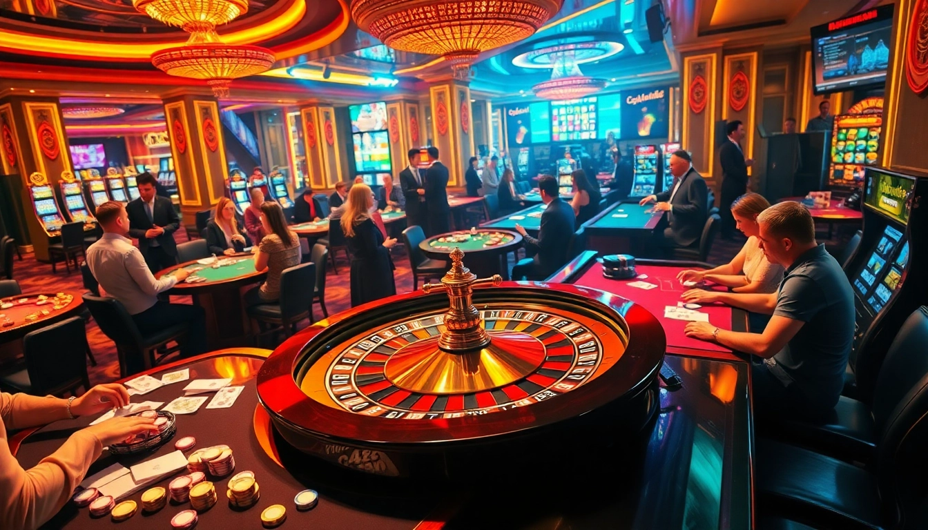 C168 casino scene with roulette wheel, poker tables, and lively players engaging in games.