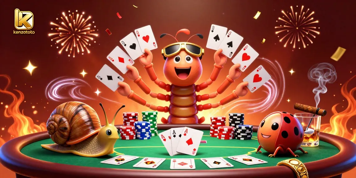 Kenzototo features a 3D cartoon casino scene with a millipede dealer and vibrant poker elements.