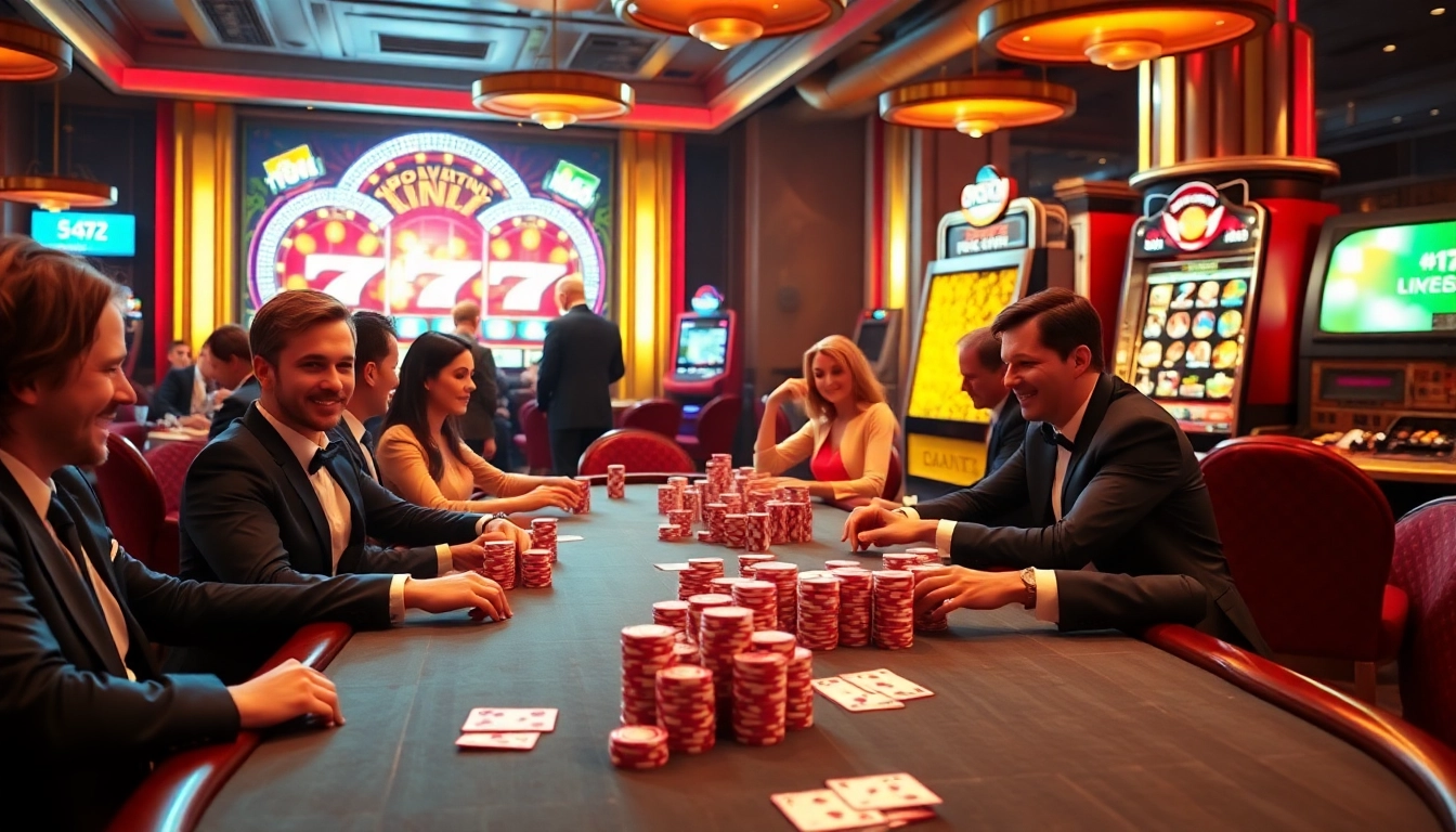 Players enjoying an exciting poker game at Vin777 casino surrounded by vibrant slot machines and gaming action.
