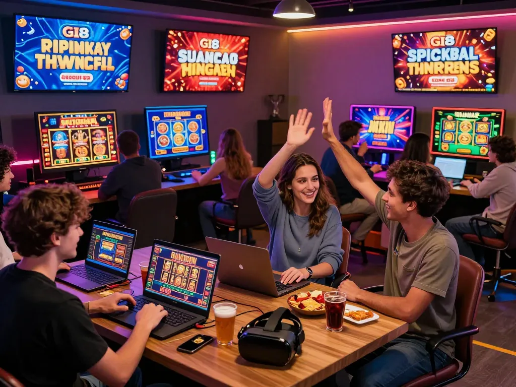 Vibrant online gaming experience at GI8 with players celebrating wins on colorful digital devices.