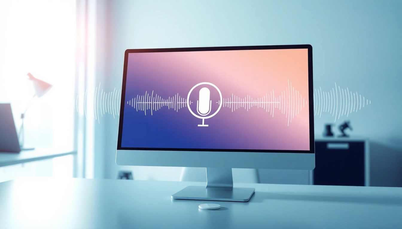 Showcasing AI Voice technology in a professional workspace with sound waves.