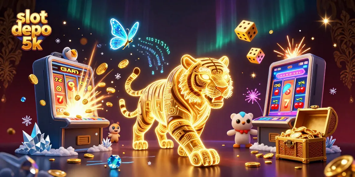 Visualisasi slot depo 5k dengan simbol mesin slot, koin, dan efek jackpot.