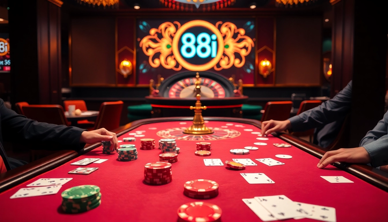 High-stakes gaming at a luxurious casino featuring 88i branding with vibrant chips and cards.