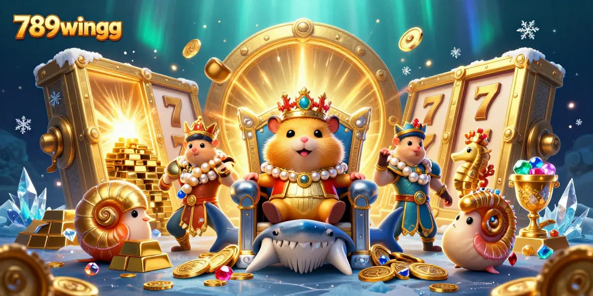 Engage with 789wingg's thrilling 3D casino kingdom featuring a hamster king on a megalodon throne amidst treasures and slot elements.