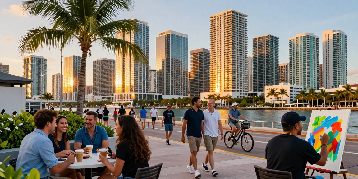Aktivitas di Miami 4D selama senja, dengan skyline yang megah dan individu bersenang-senang.