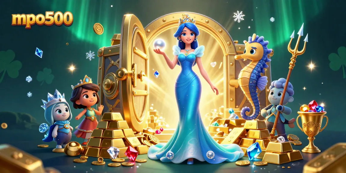 Spin and win with mpo500, featuring a stunning woman and a seahorse king surrounded by treasure elements.