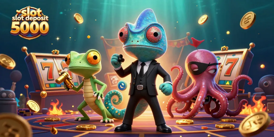 Spin big wins with slot deposit 5000 in a vibrant casino scene featuring a chameleon and gadgets.