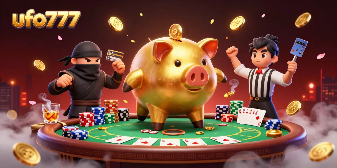 Engage in poker with ufo777, as a golden piggy bank sumo wrestler shakes down coins in a vibrant casino scene.