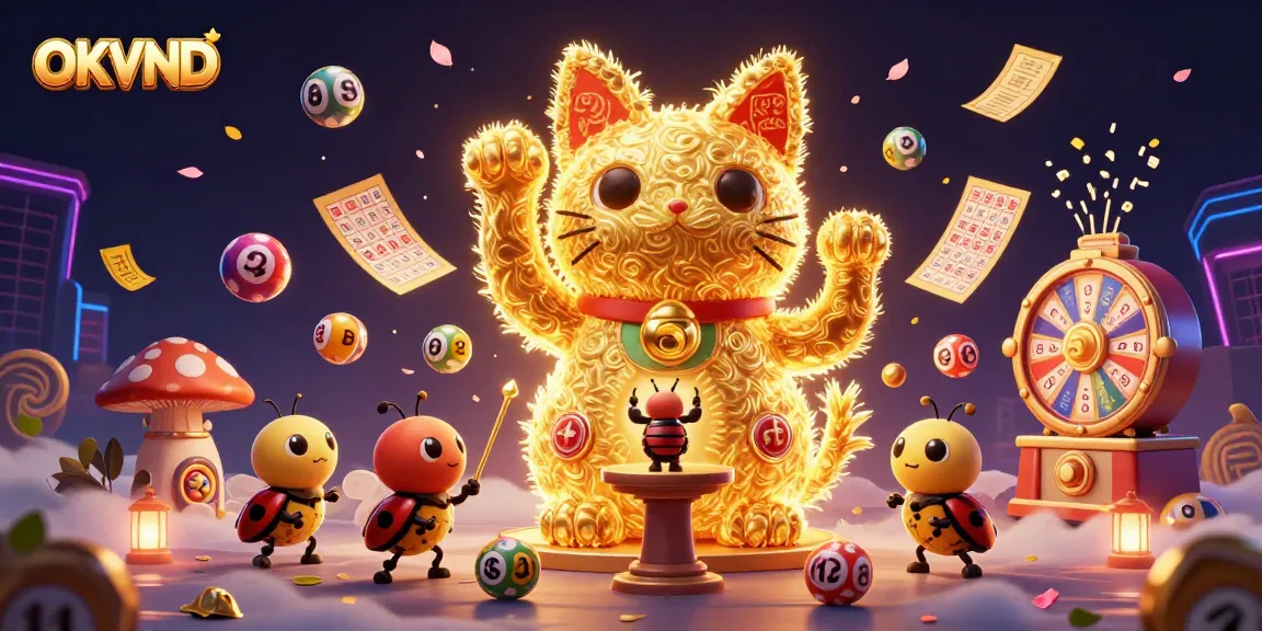 Engage with OKVND's dynamic gambling scene featuring a lucky cat and colorful lottery elements.