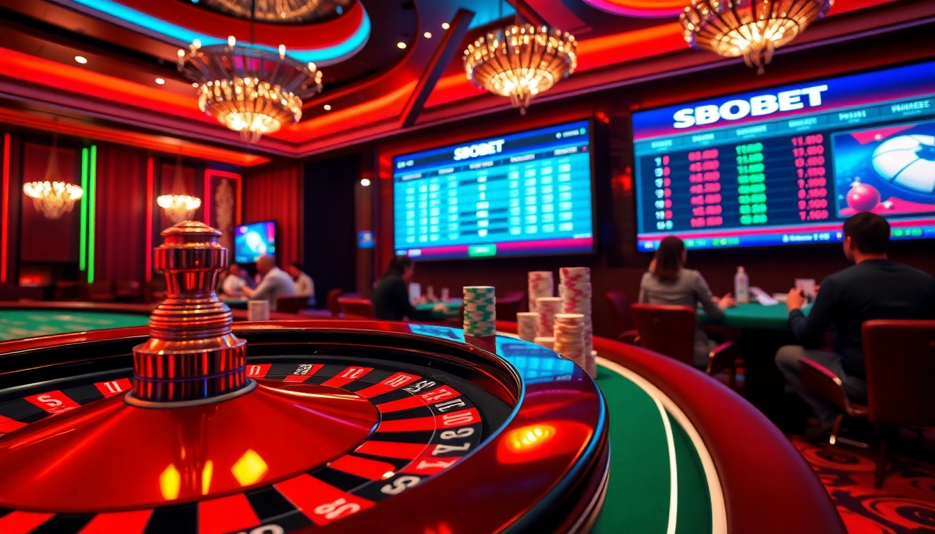 SBOBET betting excitement visualized with poker chips and a roulette wheel under luxurious casino lighting.
