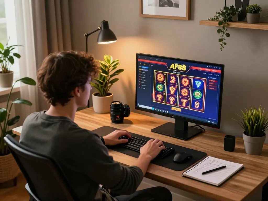 Engaged player enjoying AF88 online slots on a sleek home office setup, with a notebook for strategic betting.