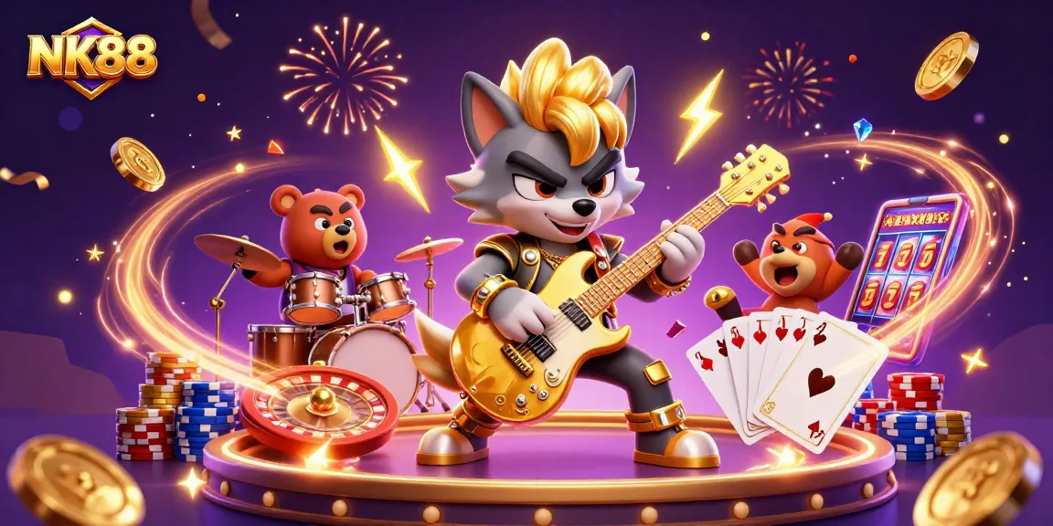 Experience the excitement at NK88 with vibrant 3D casino action featuring a rock star wolf and dynamic gaming elements.