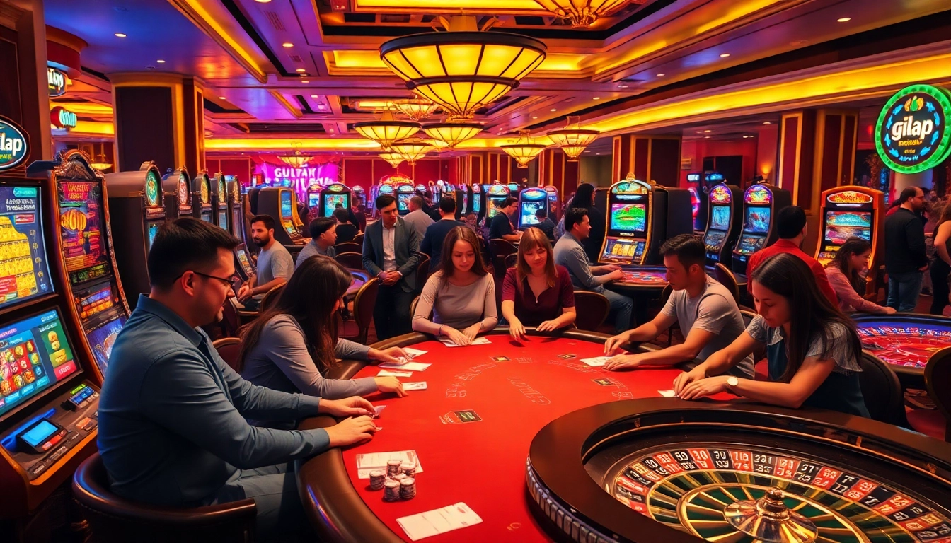 Players enjoying a thrilling casino experience with gilajp branding, celebrating wins at the tables.