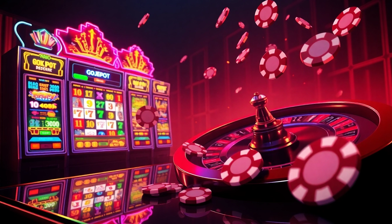 Engage with gojekpot in an immersive online casino scene featuring vibrant slot machines and poker chips.