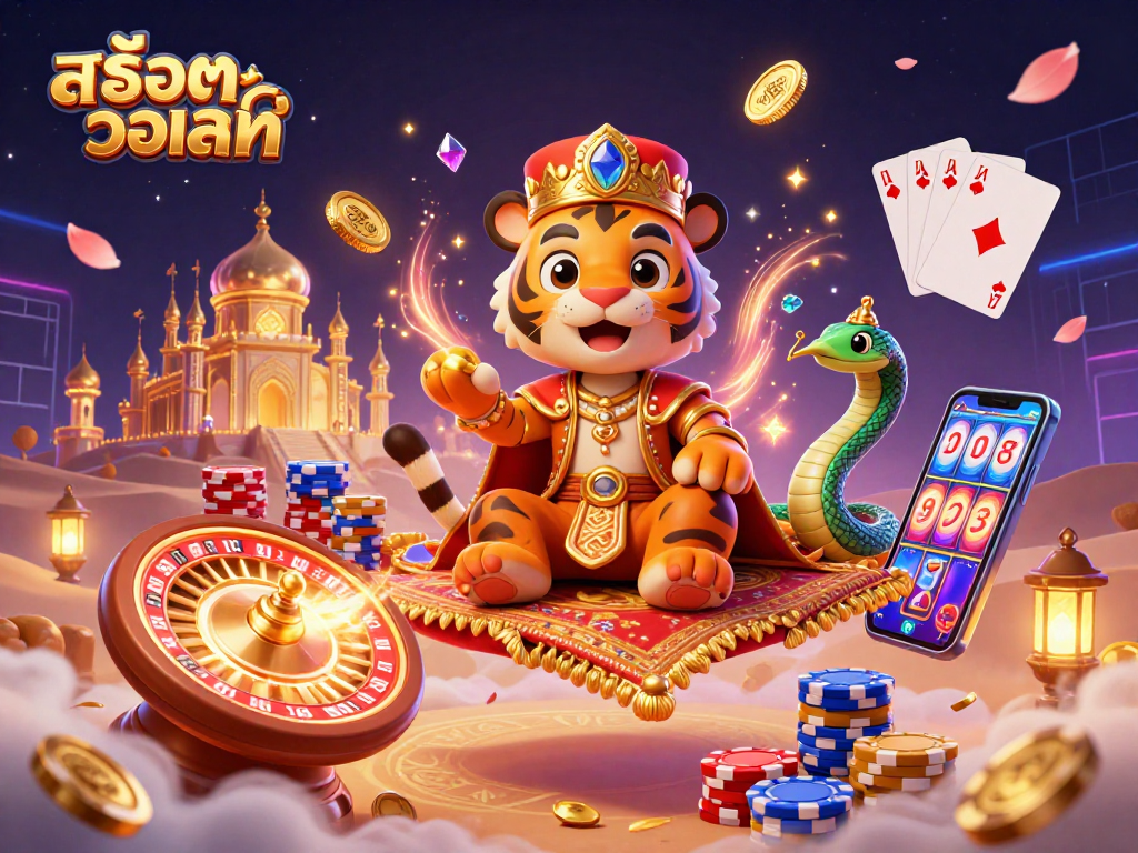 Engage in สล็อตวอเลท adventure with a magical sultan, coins, and vibrant casino elements!