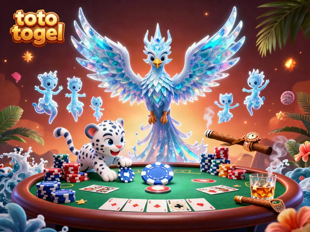 Engaging scene illustrating players enjoying toto togel games, featuring a cartoon ice phoenix and magical elements.