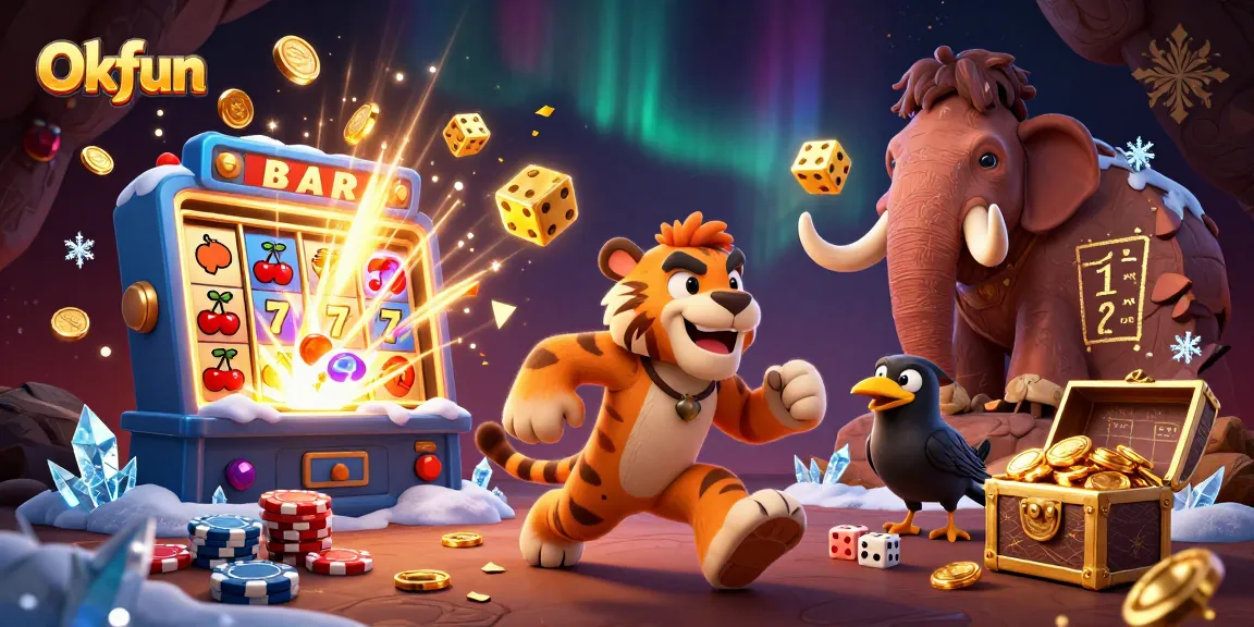 Engage in exciting gaming experiences with Okfun featuring a vibrant prehistoric casino scene.