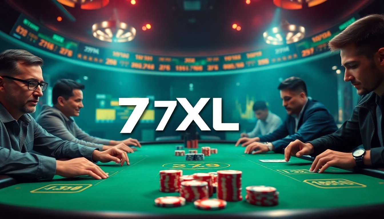 סצנת פוקר מקוונת דינמית המציגה את לוגו 7xl סוכן עם שחקנים נלהבים סביב שולחן וירטואלי.