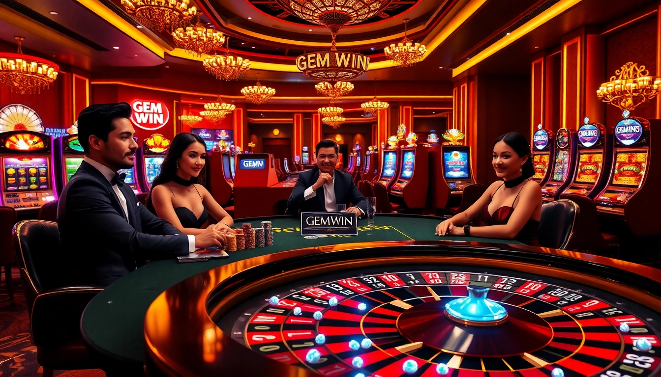 GEM WIN logo atop a luxurious poker table with casino chips and a roulette wheel.