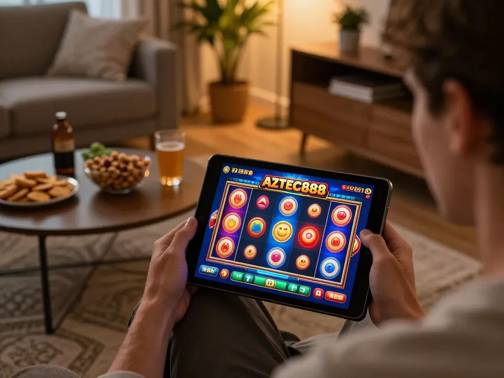 Player enjoying the AZTEC888 online slots on a tablet, showcasing a vibrant gaming interface