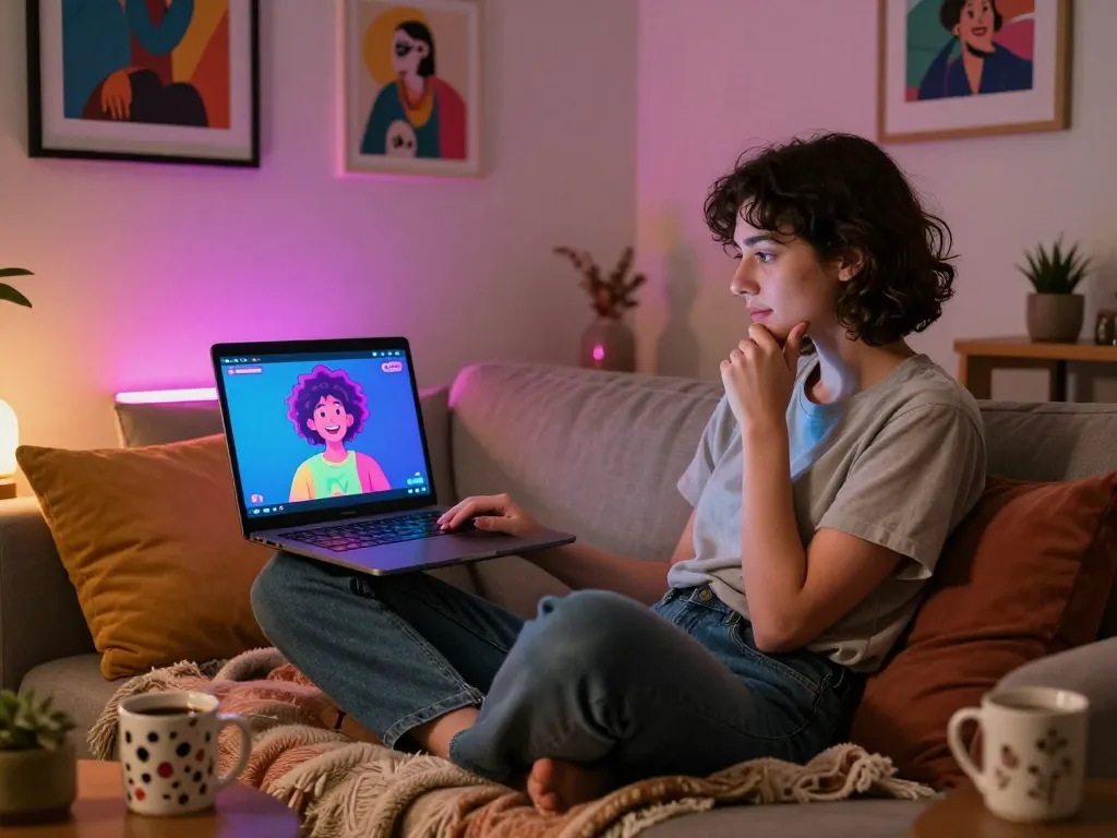 Experience free ai sex chat in a cozy living room with a user engaging with a lively AI character on their laptop.