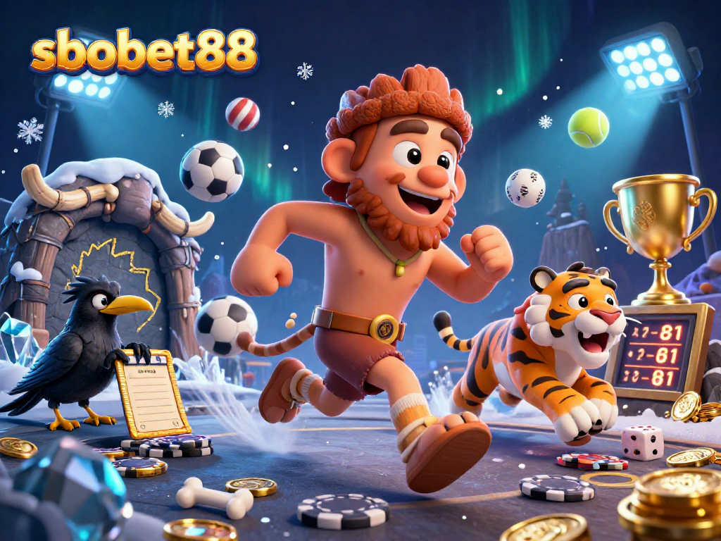 sbobet88 showcases dynamic betting action with sports elements and a prehistoric casino theme
