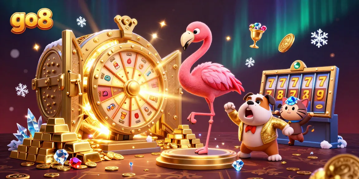 Experience excitement at go8 with a 3D game show scene featuring a flamingo host and golden winnings.