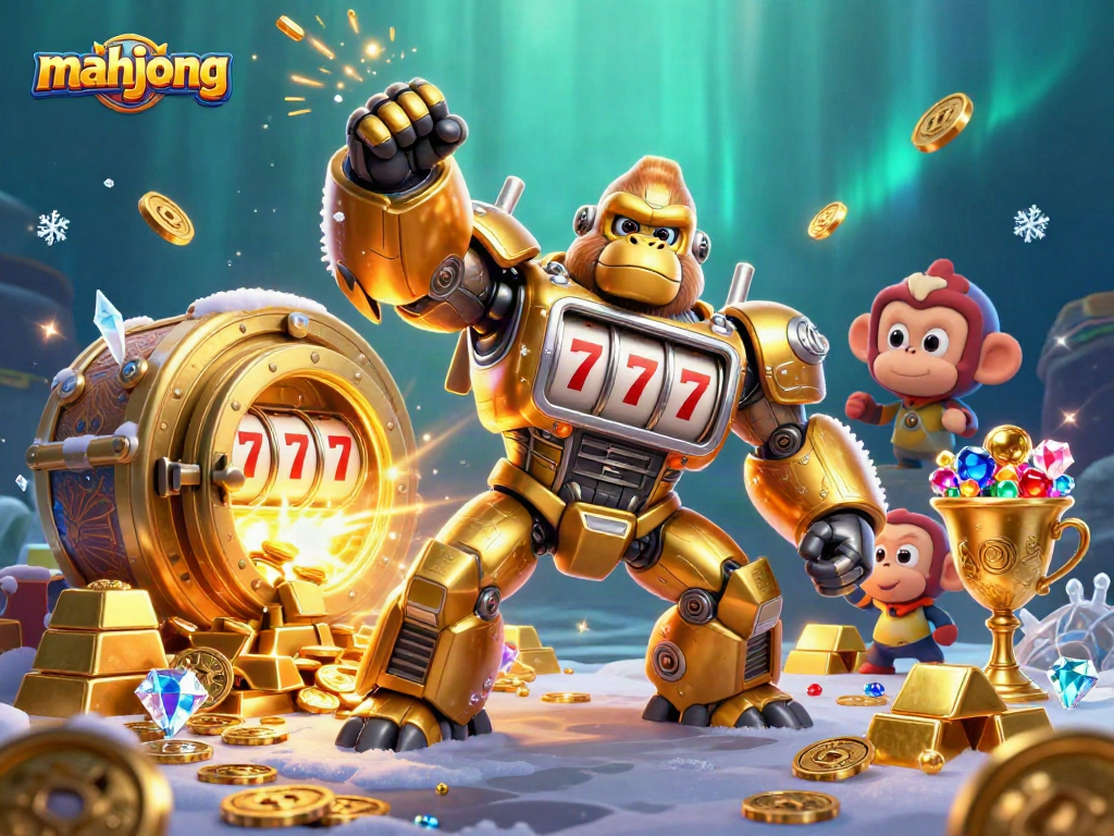 Experience the thrill of mahjong with a dynamic scene of a golden gorilla mech and treasures bursting forth.