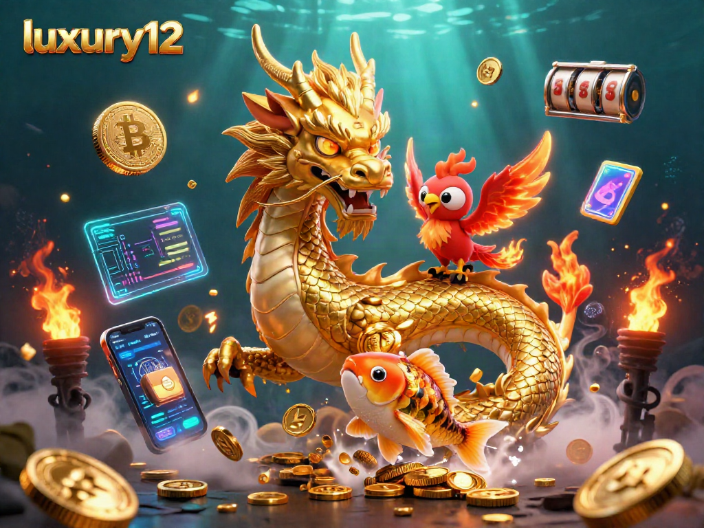 Experience thrilling wins with luxury12 in this vibrant 3D casino scene featuring crypto elements.