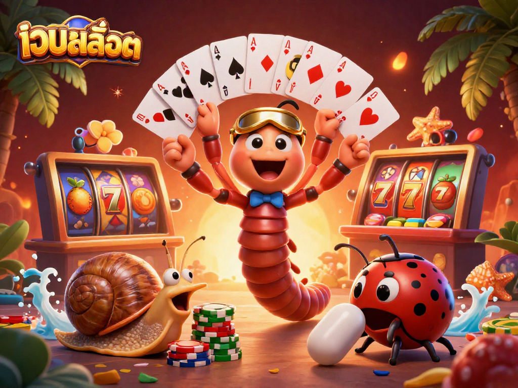 Experience เว็บสล็อต action with vibrant slot reels, a millipede dealer, and high-roller excitement in a dynamic scene.
