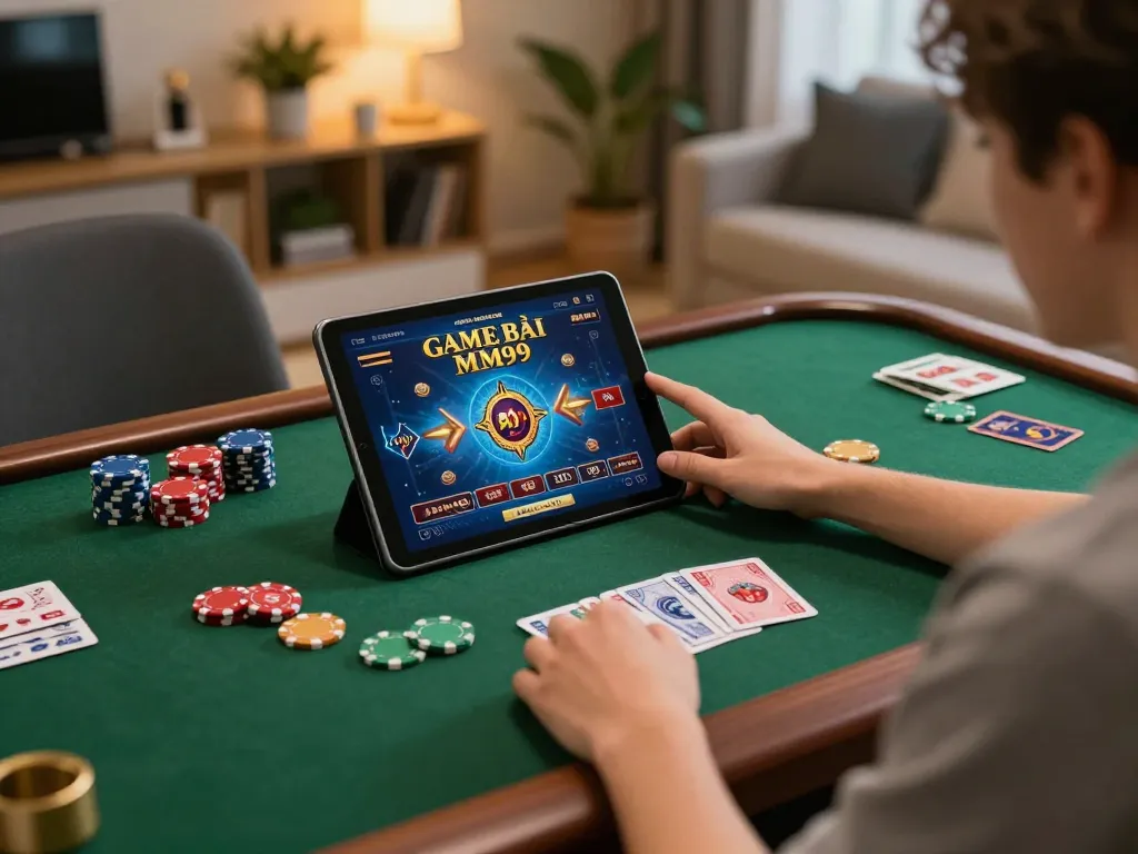 Playing GAME BÀI MM99 online at home, showcasing dynamic gaming with cozy atmosphere.