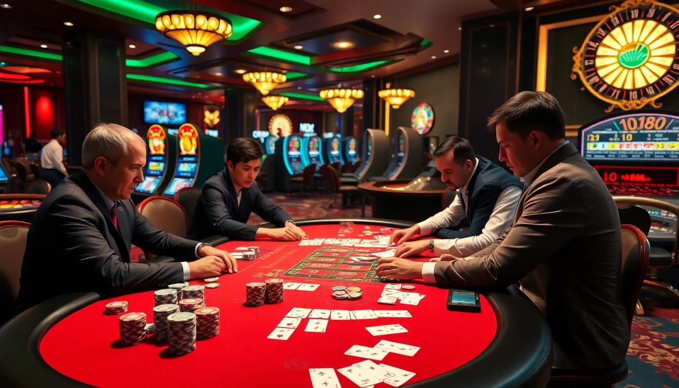 Stake your nh88 chips at a luxurious poker table with intense players and vibrant casino elements.