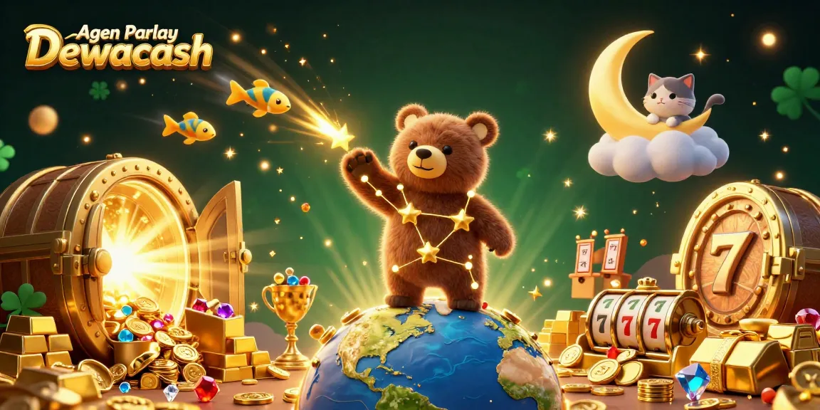 Agen Parlay Dewacash features a vibrant illustration with a constellation bear and gambling elements, creating an enchanting casino atmosphere.