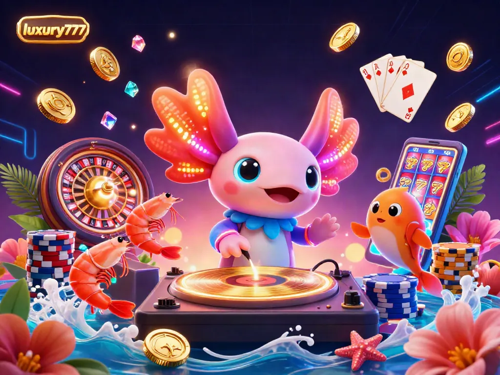 Experience luxury777 with vibrant casino excitement, featuring neon axolotl DJ and animated game elements.