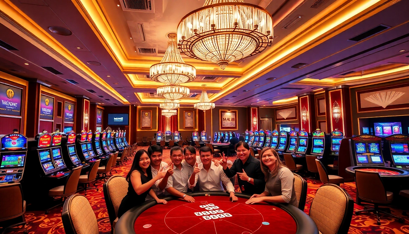 Excited players at Man 88 celebrate a win at a luxurious casino poker table.