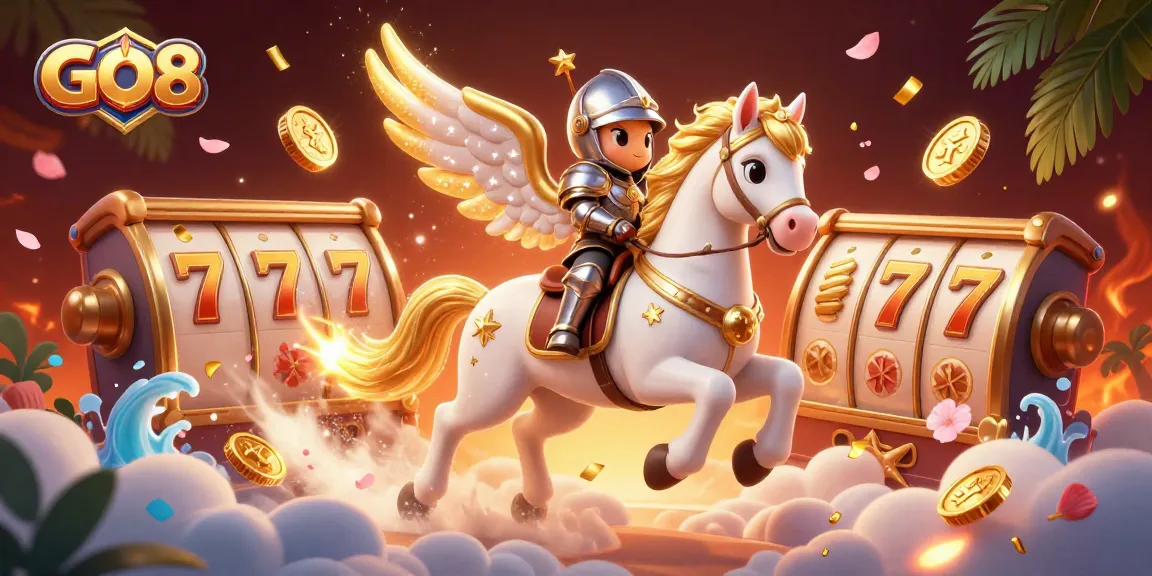 Experience the thrill of winning at GO8 with a captivating 3D slot illustration featuring a magical horse and knight.