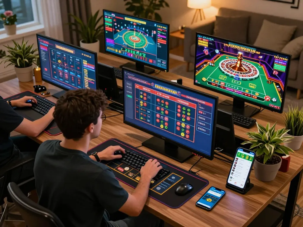 Engaging scene of online gaming at u888 trang chủ with player using devices for strategic betting.