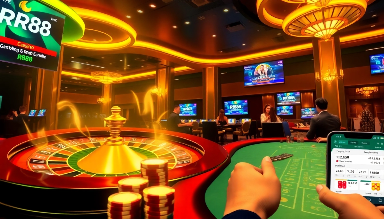 Players enjoying a thrilling casino experience at RR88 with vibrant gaming tables and roulette wheels.