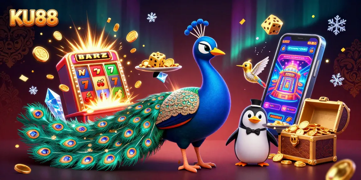 KU88 illustrates a vibrant casino scene with an aristocratic peacock and dynamic game elements.