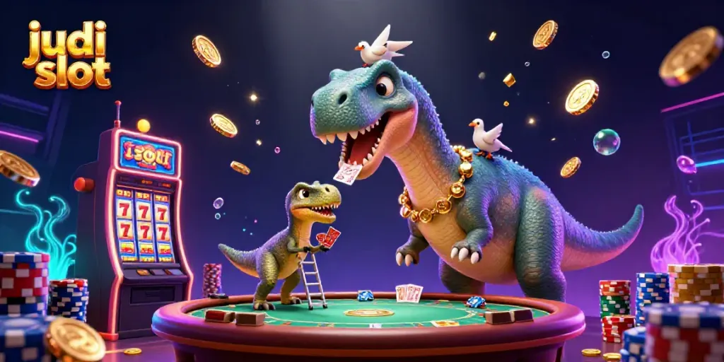 Menyaksikan judi slot yang menggiurkan saat dinosaurus 3D setinggi langit bermain kartu di kasino yang meriah.