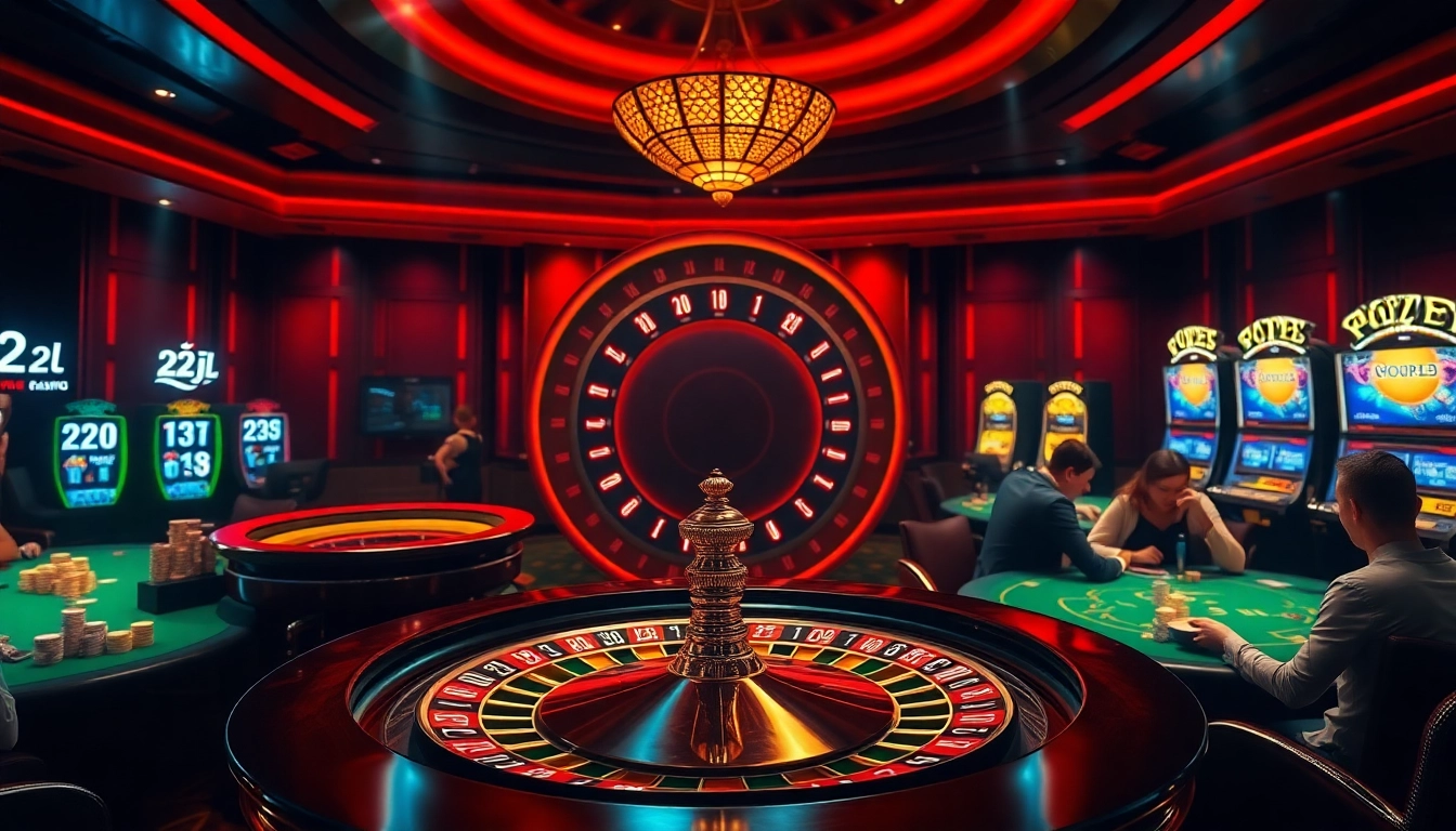 Exciting casino gaming atmosphere featuring 22JL logo with roulette wheel and poker table.