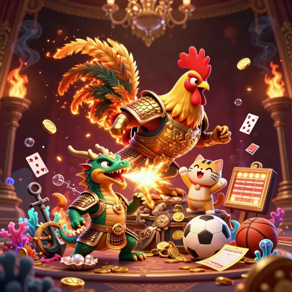 Rooster warrior, dragon hatchling and fortune cat amid casino treasure and gold light