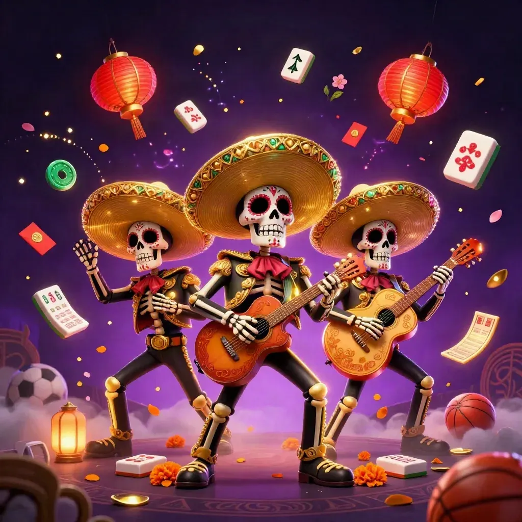Skeleton mariachi trio amid jackpots, lanterns, petals, coins, and glowing casino effects.