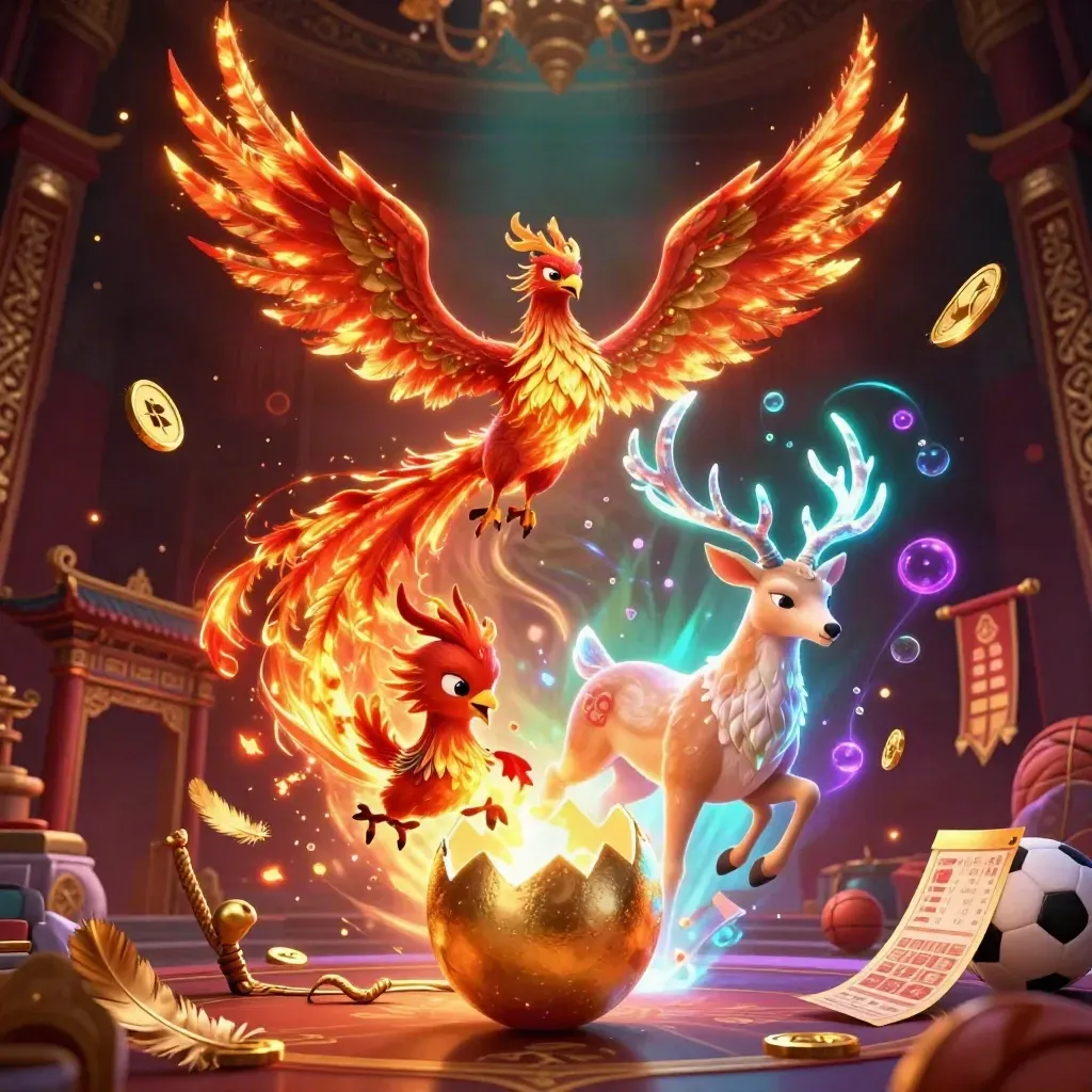 Phoenix trio with gold coins, temple gate, and luxe casino glow in a dark fantasy sports scene