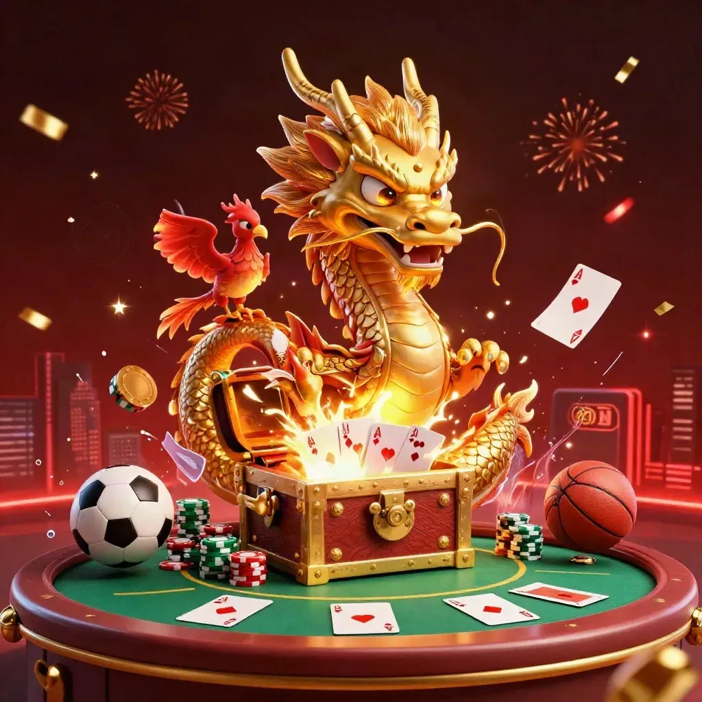Golden dragon, phoenix and koi amid casino chips, cards and sports balls in a luxe red-black burst.
